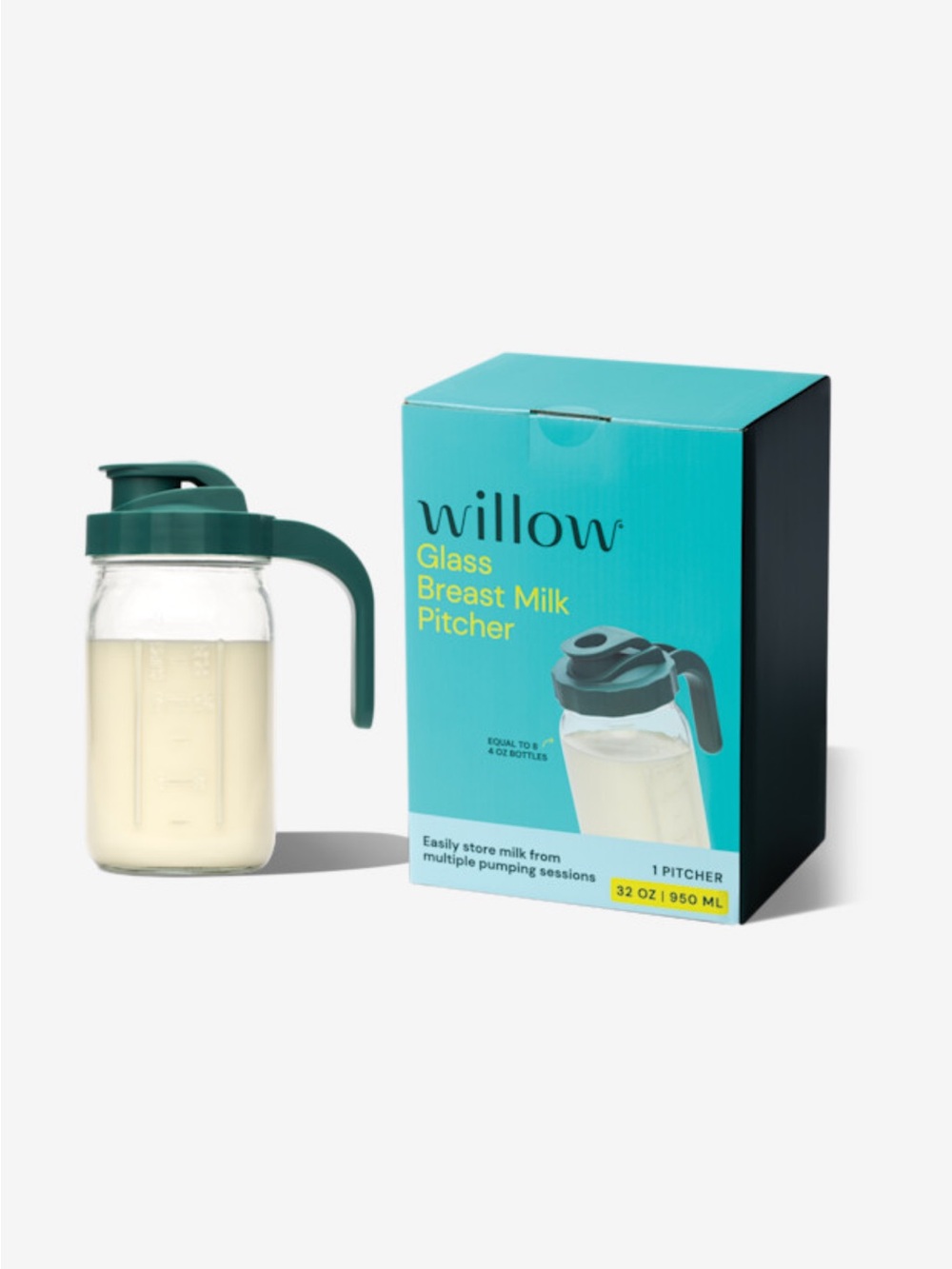 Willow Glass Milk Storage Pitcher with Green Handle and Lid
